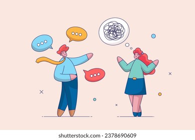 Verbal or oral communication skill, storytelling or explanation. Girl does not understand lot of information. Public speaking, talking or discussion, telling message or speech. Multiple speech bubbles