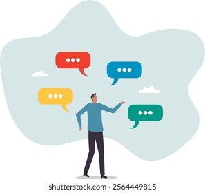 Verbal or oral communication skill, storytelling or explanation, public speaking, talking or discussion, telling message or speech.business concept.flat character.