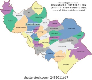 Hunsrück-Mittelrhein verbandsgemeinde map of Rhein-Hunsrück-Kreis district Rhineland-Palatinate (Rheinland-Pfalz) state in Germany. Vectored. Retro colors