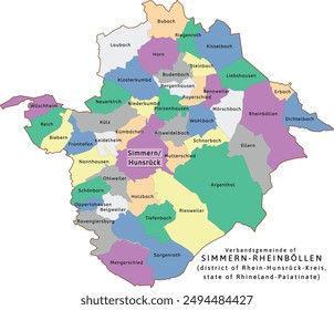 Simmern-Rheinböllen verbandsgemeinde map of Rhein-Hunsrück-Kreis district Rhineland-Palatinate (Rheinland-Pfalz) state in Germany. Vectored. Retro colors