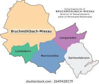 Bruchmühlbach-Miesau verbandsgemeinde mapa do distrito de Kaiserslautern Renânia-Palatinado (Renânia-Palatinado) estado na Alemanha. Vetorizado. Cores retroativas