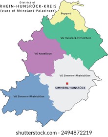 Rhein-Hunsrück-Kreis verbandsgemeinden map of Rhineland-Palatinate state in Germany. Vectored. Retro colors