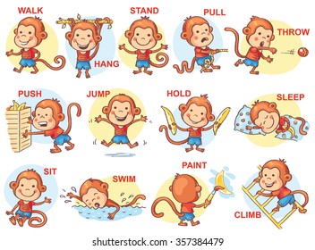 Verbs of action in pictures, cute monkey character, colorful cartoon