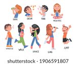 Verbs Expressing Actions Set, Children Education Concept, Cute Kids Doing Activities Cartoon Style Vector Illustration