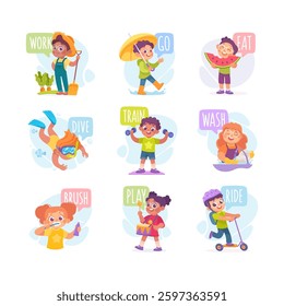 Verbs Study with Little Kid Demonstrating Different Activity Vocabulary Vector Set
