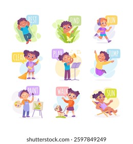 Verbs Study with Little Kid Demonstrating Different Activity Vocabulary Vector Set