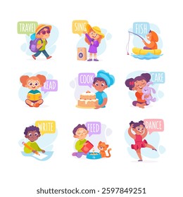 Verbs Study with Little Kid Demonstrating Different Activity Vocabulary Vector Set