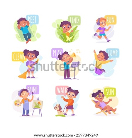 Verbs Study with Little Kid Demonstrating Different Activity Vocabulary Vector Set