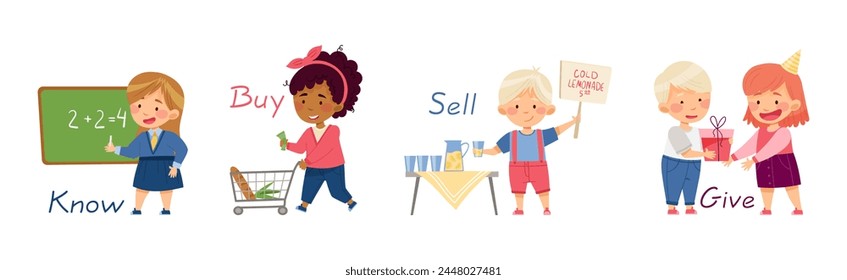 Verbs Study with Little Kids Doing Different Activity Demonstrating Vocabulary Vector Set