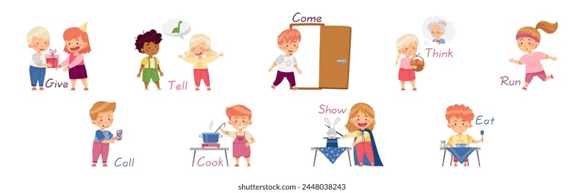 Verbs Study with Little Kids Doing Different Activity Demonstrating Vocabulary Vector Set