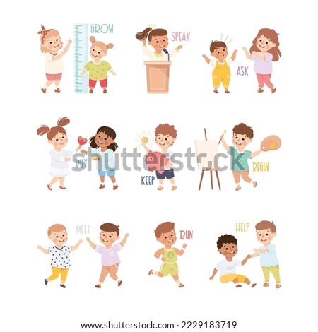 Verbs Study with Little Kids Doing Different Activity Demonstrating Vocabulary Vector Set
