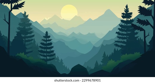 Verdant Mountain Forest Scenic Vector Art