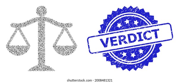 JUDGE de collage recursivo de vectores y sellos de sellos corroídos por veredicto. El sello azul incluye el texto de veredicto dentro de la roseta. El collage de vectores está formado por íconos dispersos girados de JUDGE.