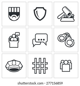 The verdict of the court and detention icons set. Vector Illustration