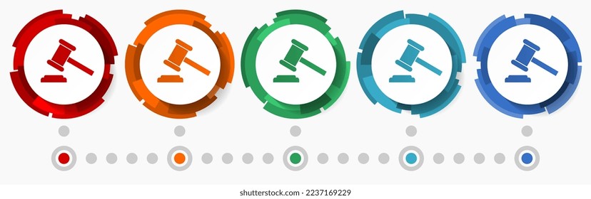 Verdict, court, justice concept vector icon set, modern design abstract web buttons in 5 color options, infographic template