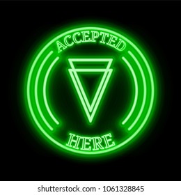 Verge (XVG) green  neon cryptocurrency symbol in round frame with text "Accepted here". Vector illustration isolated on black background