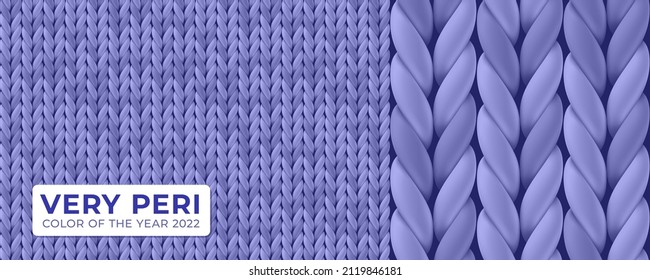 Veri Peri color of year 2022 wool knit. Lilac realistic knitted texture for wallpaper and background. Vector seamless pattern. Illustration with closeup of woolen fabric for winter design, banner