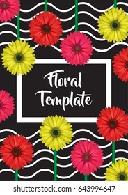 Verical banner, card, label, invitation template, floral design decoration, realistic looking gerbera daisy flowers and wavy background.