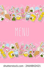 Verical banner with cute asian food stickers - cartoon illustration of traditional japanese sweets and drinks for Your kawaii design