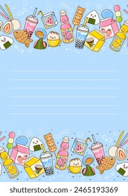 Verical banner with cute asian food elements - cartoon illustration of traditional japanese sweets and drinks with place for text