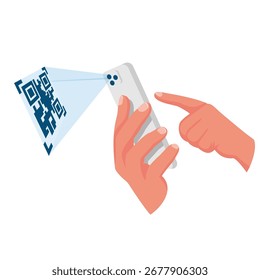 Verification application. Scanning QR code on mobile phone. Vector illustration isometric design. Isolated on background. Modern digital technology. Product identification on a big box.