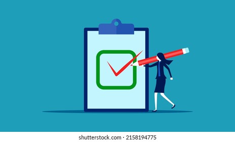 Verification and approval. A business woman writes a check mark. success in business