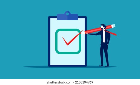 Verification and approval. A businessman writes a check mark. success in business