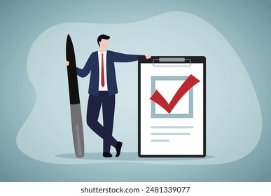 Verification and approval. A businessman writes a check mark. success in business. vector