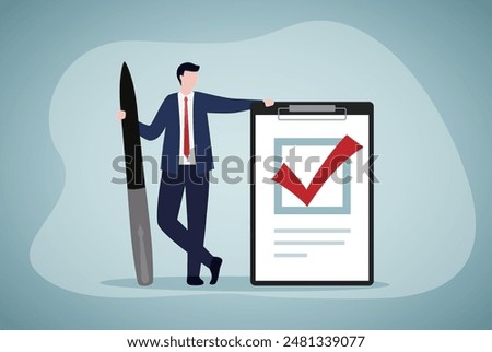 Verification and approval. A businessman writes a check mark. success in business. vector