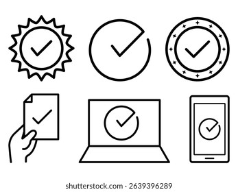 Verification approval digital checkmark badge stamp mobile document laptop quality confirm trust symbol icon vector illustration line style.