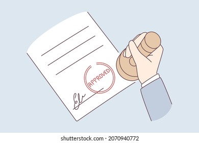 Verification and approval of official document concept. Human hand holding official stamp over approved document with signature vector illustration 