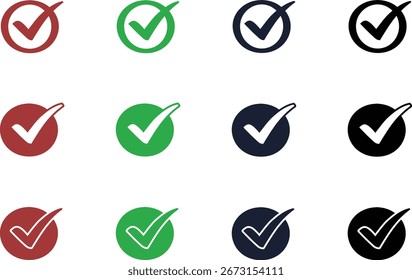 Verification and approval tick check mark icons in red, green, blue, and black with circular backgrounds.