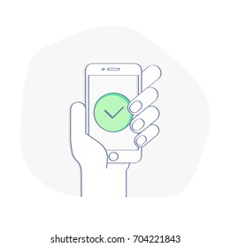 Verification, Approve sign, green Check Mark on Mobile Phone Screen. Done, Success or Ok concept. Flat line cartoon vector, UX / UI element for web and mobile design.