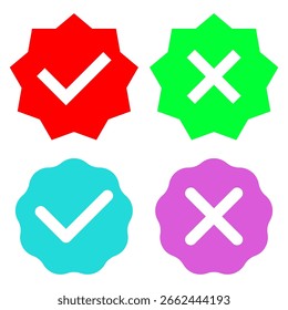 Coleção de crachás de verificação. Símbolos de marca de cruz de tique. Ícones coloridos de marca de seleção. Gráfico de aprovação de vetor.