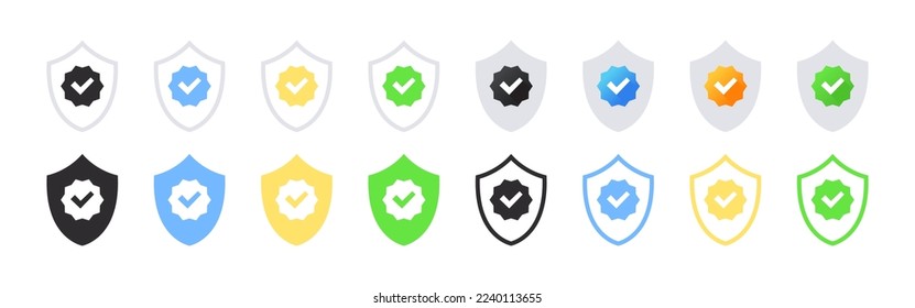 Verification check marks. Profile verification vector icons. Verification badges with shields. Vector illustration