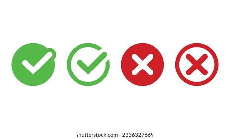 Verificación Marque Aceptar y x símbolo de icono cruzado. Icono verde y rojo. Sí y No Vector. Correcto e incorrecto. Negativo positivo.