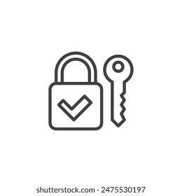 Verification Code line icon. linear style sign for mobile concept and web design. Padlock with a key and checkmark outline vector icon. Symbol, logo illustration. Vector graphics
