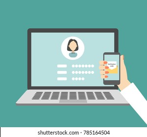 Verification code message. Laptop and smartphone with code.