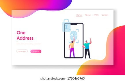 Verification, Cyber Security Landing Page Template. Man Character Stand at Huge Mobile Phone Touching Screen for Finger Scan. Biometric ID Fingerprint Scanning. Cartoon People Vector Illustration