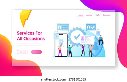 Verification, Cyber Security Technology Landing Page Template. Fingerprint Scanning Smartphone Access Lock. Tiny Characters at Huge Mobile Phone with Finger Scan. Cartoon People Vector Illustration