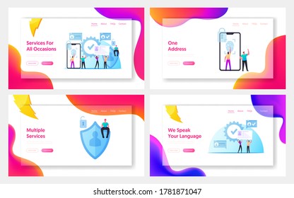 Verification Cyber Security Technology Landing Page Template Set. Fingerprint Scanning Smartphone Access Lock. Tiny Characters at Huge Mobile Phone with Finger Scan. Cartoon People Vector Illustration