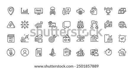 Verification document, Crowdfunding and Outsource work line icons pack. AI, Question and Answer, Map pin icons. Wallet, Confirmed, Talk bubble web icon. Timer, Fake news, Microphone pictogram. Vector