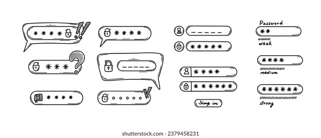 Doodle de verificación. Interfaz débil, media y fuerte de contraseña. Icono de inicio de sesión. Concepto dibujado a mano por la ciberseguridad. Bloqueo de acceso a datos personales.