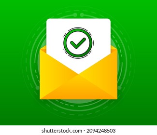 Verification email message. Envelope with confirmed document on green background. Vector illustration.