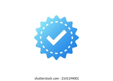 Verification Icon. White Check Mark with Circle Dashed Line and Blue Sparkle Star Sticker Label isolated on White Background. Flat Vector Icon Design Elements For Web Templates.