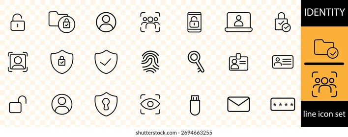 Iconos de verificación para el Web y el App móvil. Huella digital, Identificación facial, tarjeta de identificación, reconocimiento de voz, ADN, pasaporte. Ilustración vectorial