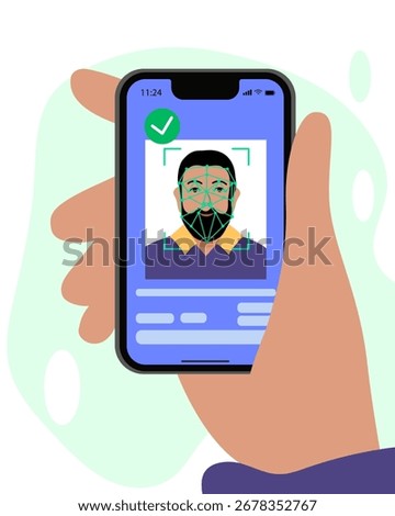 Verification ID is an illustration of Verification ID using system of face recognition and personal ID. The concept is take a photo by holding their own ID to get verified. Vector illustration.