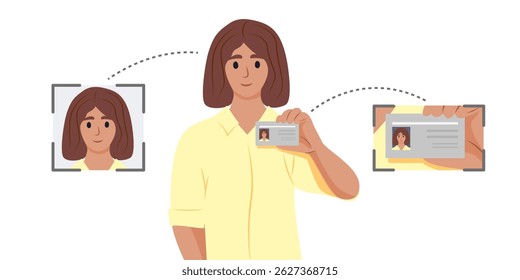 Verification ID Set is an illustration of Verification ID using system of face recognition and personal ID. The concept is take a photo by holding their own ID to get verified. Vector illustration.