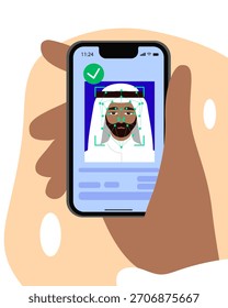 Verification ID using system of face recognition and personal ID. The concept is take a photo by holding their own ID to get verified. Vector illustration.