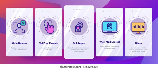 Verification of ID Vector Onboarding Mobile App Page Screen. Verification, Biometric Data Encryption Linear Pictograms. Person Identification, Fingerprint Check, Facial Features Scanning Illustrations